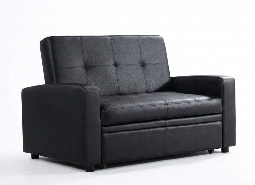 Mainstay Black Leather Bed Settee Chloe 2-Seater Sofa Bed – Black Air Leather 150x90 190x95cm K  Furniture