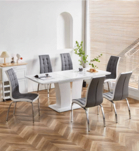 Mozzate  White Marble-Effect Extendable Dining Table with Vienna Grey Faux Leather Chairs