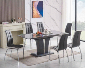 Mozzate  Grey Glass Extendable Dining Table with Vienna Grey Faux Leather Chairs