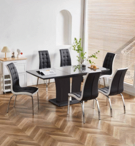 Mozzate Grey High Gloss Extendable Dining Table with Vienna Faux Leather Chairs