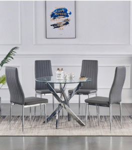 samira Round Glass Dining Table with 4 Grey Pearl Dining Chairs