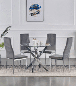 Samira Round Glass Dining Table with 2 Grey Velvet Pearl Chairs