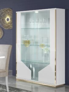 Volos White Italian 2-Door Display Cabinet – White High Gloss & Gold Trim