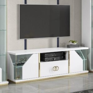 Volos White Italian TV Cabinet – White High Gloss & Gold Detailing