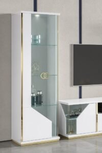 Volos White Italian 1-Door Display Cabinet – White High Gloss & Gold Trim