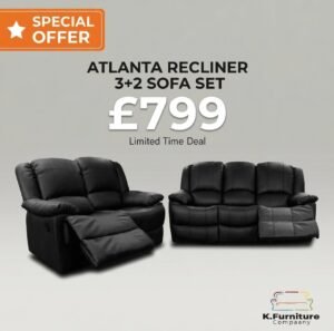 Atlanta Recliner Sofa 3+2 Seater Set – Premium Black bonded Leather – Special Bundle Offer at £799