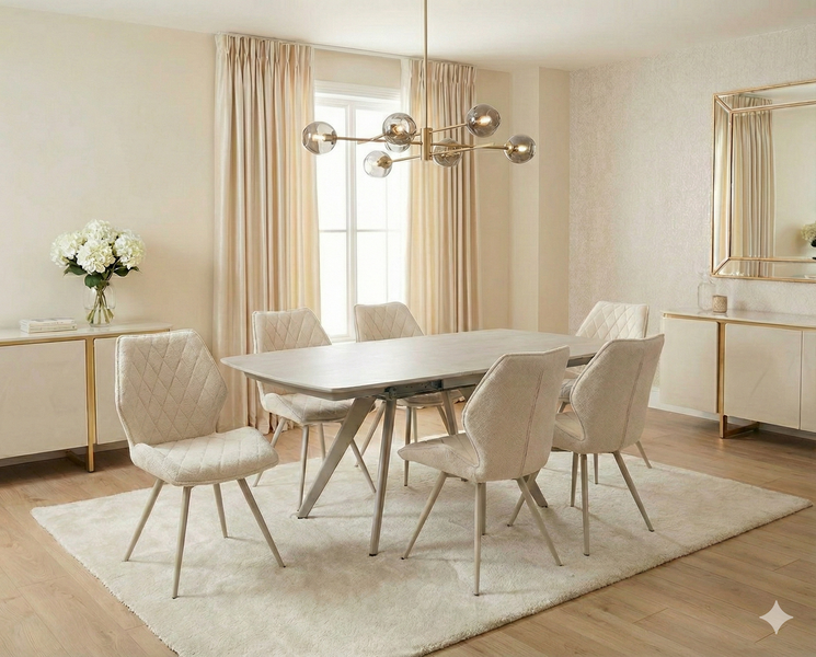 Camberley Extending Dining Table with 4 Swivel Fabric Chairs – Grey / Beige